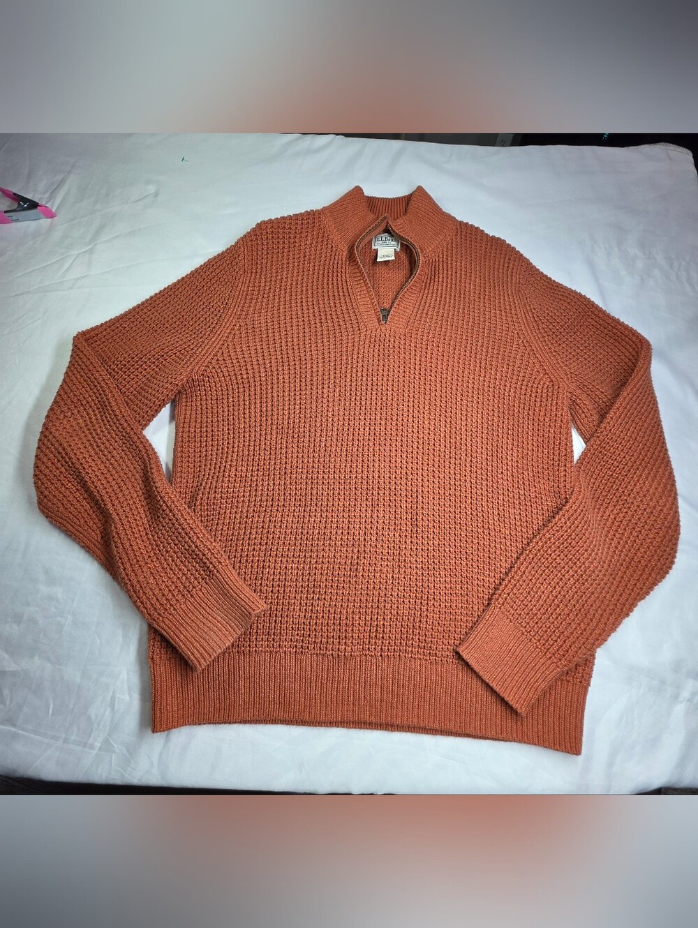 L.L.Bean Men’s Waffle Knit Quarter Zip Sweater Small Rust Orange
